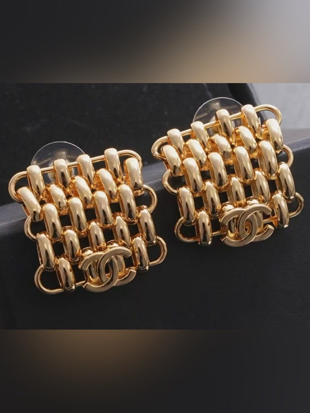 CHANEL Vintage Retro Gold Chain Weave Square Stud Earrings